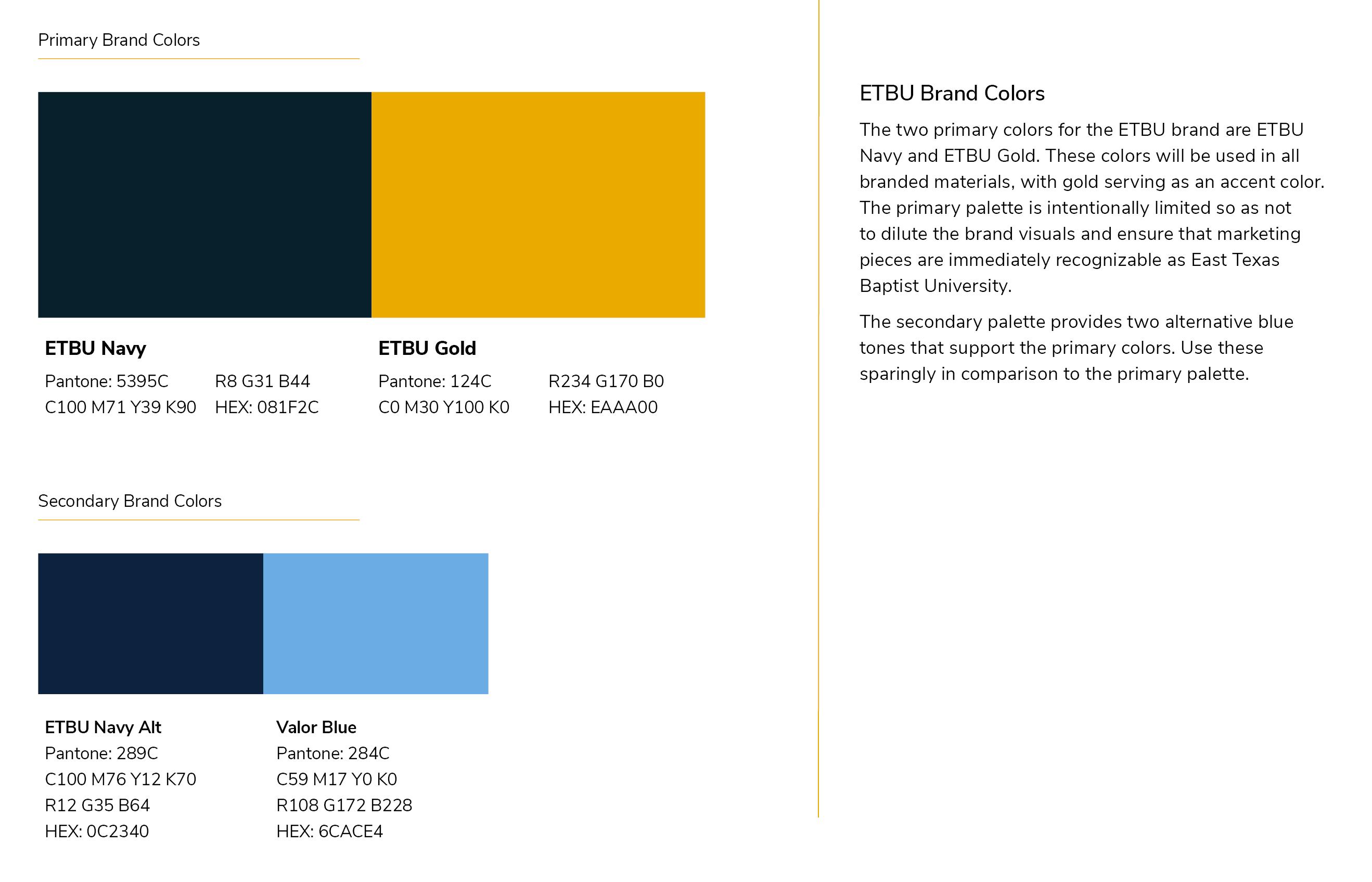 ETBU Brand Colors are navy and gold