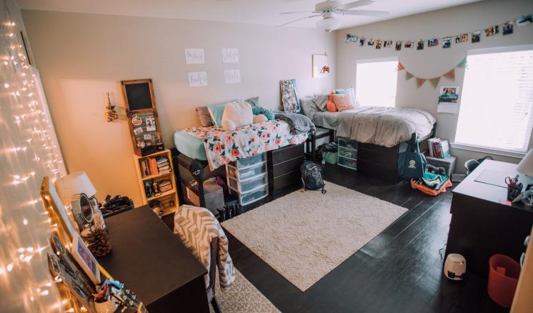 Neatly arranged dorm room with two elevated beds, storage underneath, and a central rug.