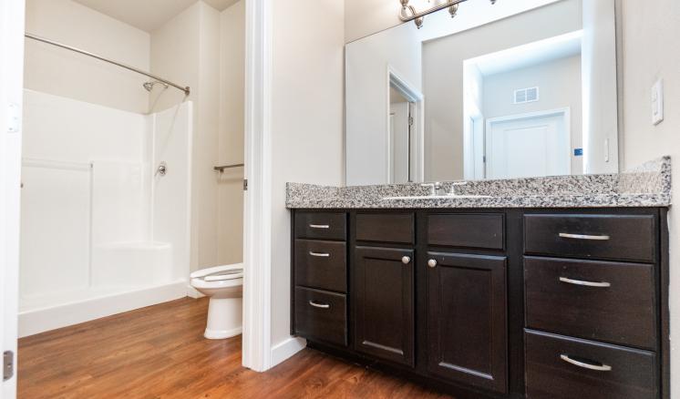 Modern bathroom with wooden vanity, granite countertop, and bathtub.