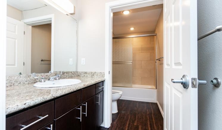 Modern bathroom with granite countertop, sink, and shower.