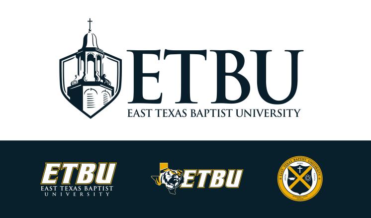 A logo graphic featuring all of the various logos of ETBU. A white and blue background with similar logos